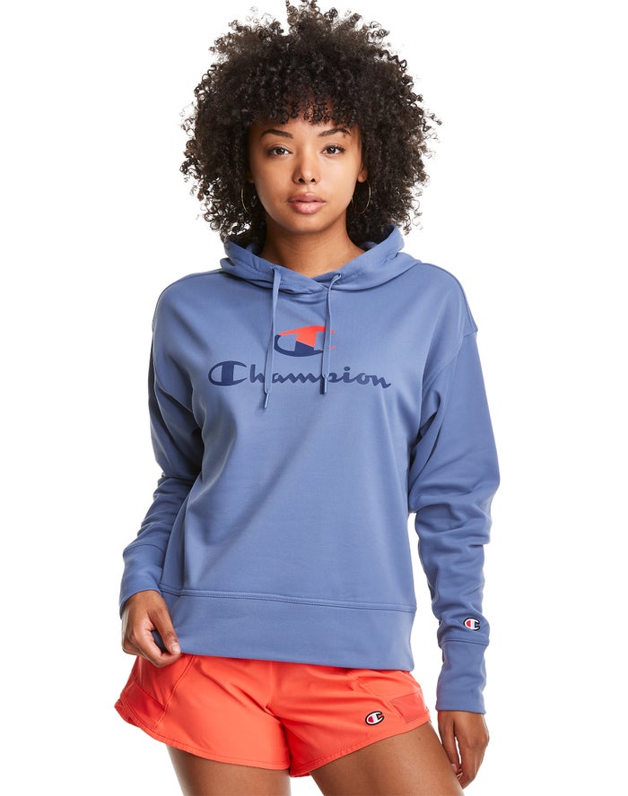 Champion Game Day Split Logo Kadın Kapşonlu Sweatshirt Mavi ( NQXHOI643 )